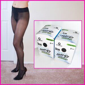 4 NEW L'EGGS "SHEER ENERGY" SZ Q JET BLACK SHEER TO WAIST PANTYHOSE